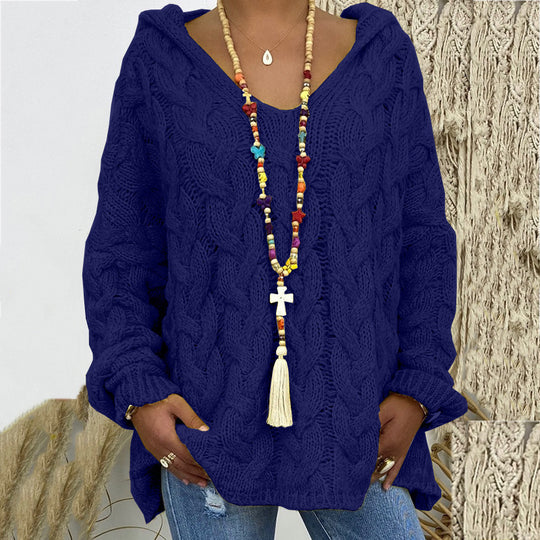 Damen nan oversized Kapuzenpullover mit Zopfmuster, tiefem V-Ausschnitt und seitlichen Schlitzen EB