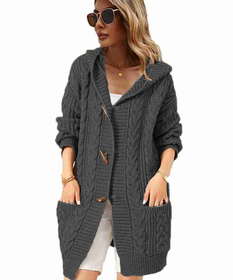 Damen Grobstrickmantel mit Kapuze und praktischen Taschen EB
