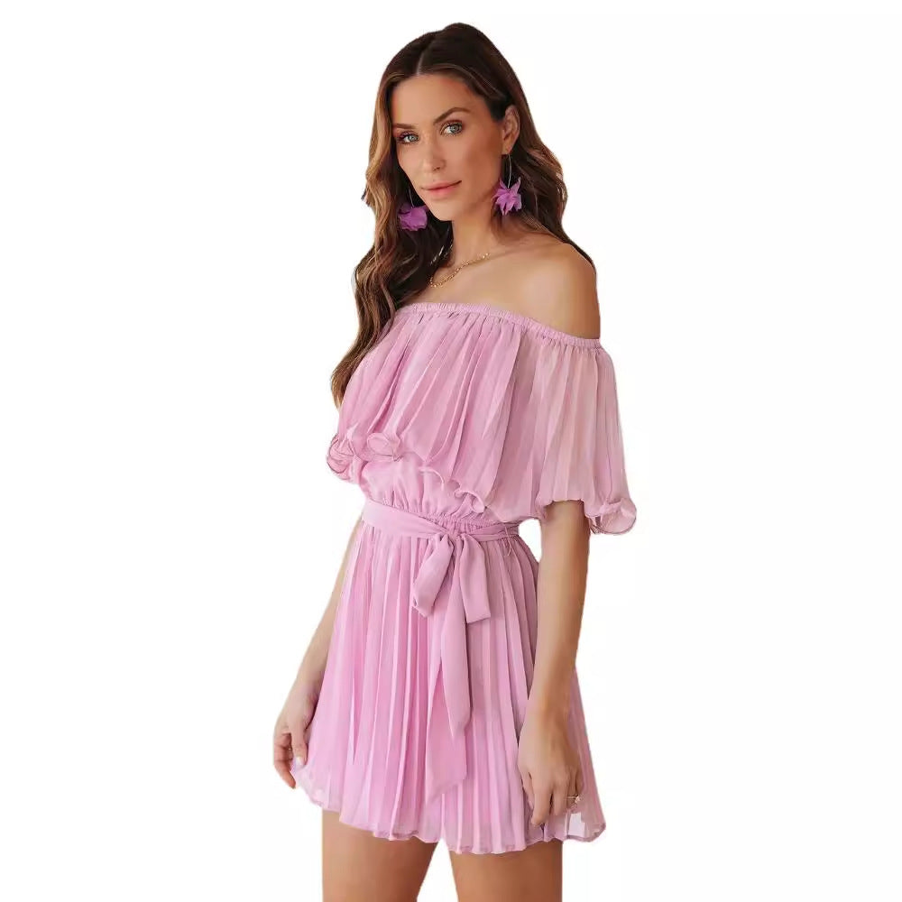 Damen Plissiertes Minikleid mit schulterfreien Puffärmeln und Taillengürtel EB