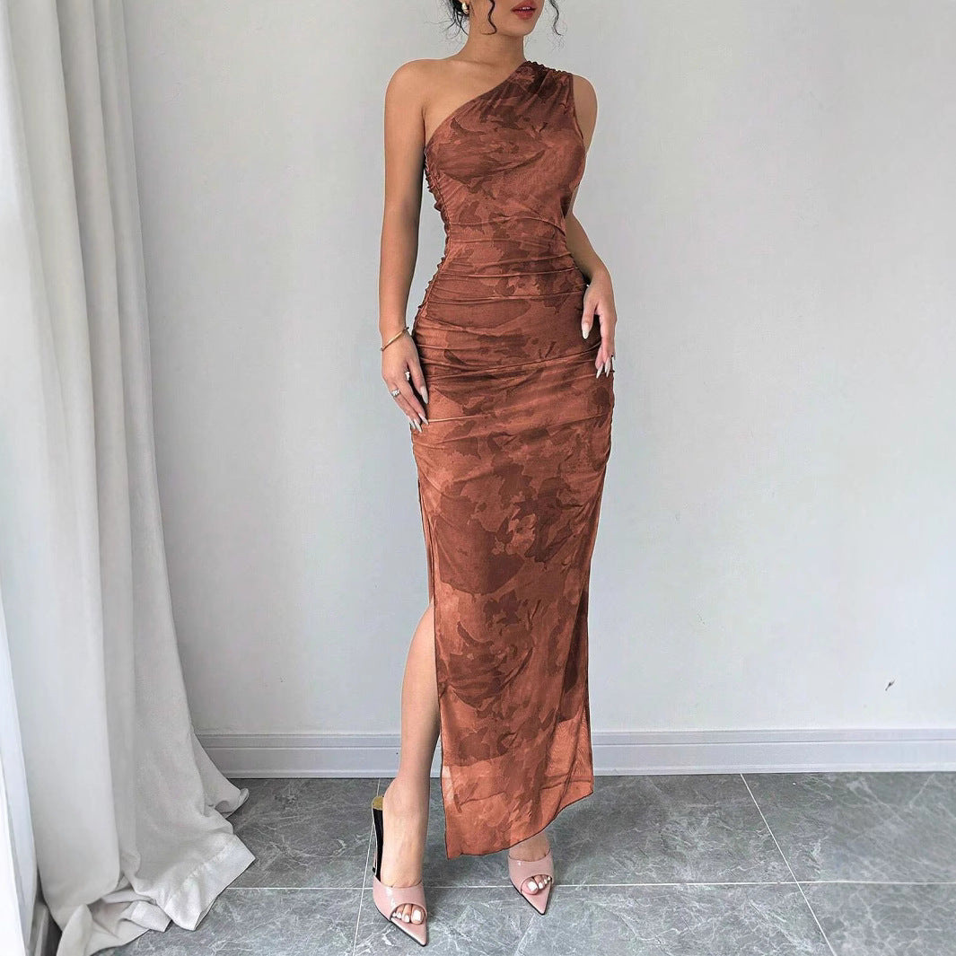 Damen Elegantes One-Shoulder Maxikleid mit sanften Raffungseffekten EB