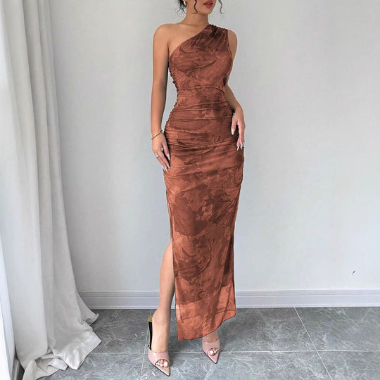 Damen Elegantes One-Shoulder Maxikleid mit sanften Raffungseffekten EB