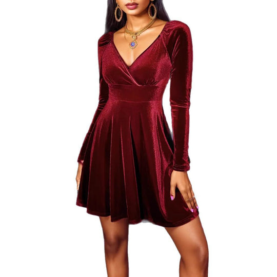 Damen Samt-Wickelkleid mit taillierter Silhouette, V-Ausschnitt und ausgestelltem Rock EB