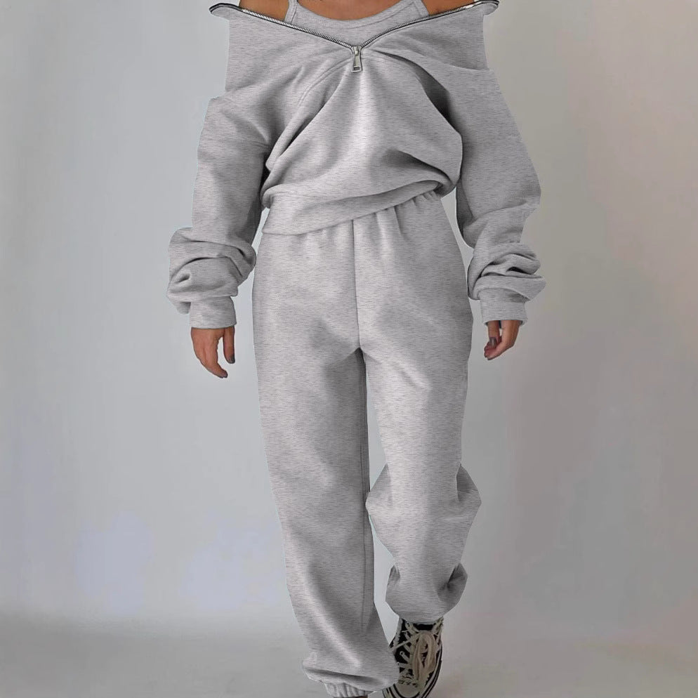 Damen Lässiger Oversized-Hoodie und Jogginghose Set mit Praktischem Reißverschluss EB