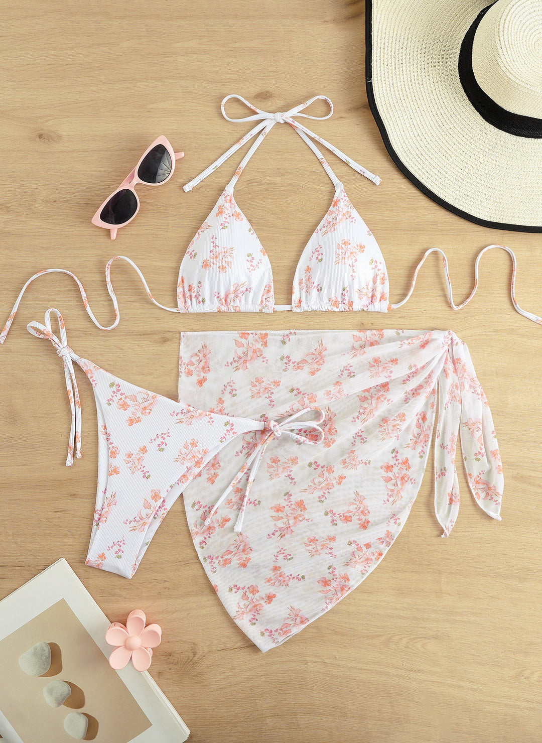 Damen Triangel-Bikini mit floralem Muster und zartem Cover-Up EB