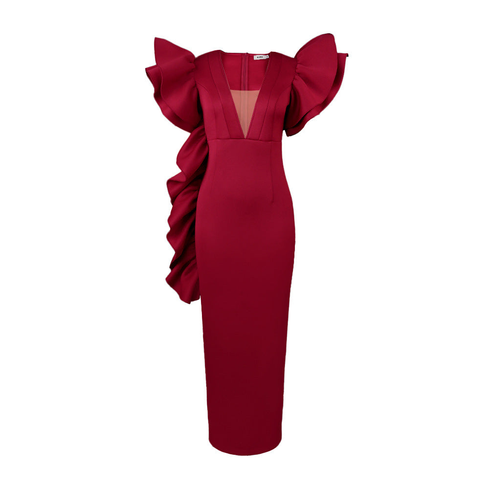 Damen figurumspielendes Abendkleid mit voluminösen Rüschenärmeln EB