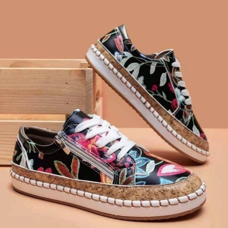 Damen florale Plateausneaker mit Korkplateau, seitlichem Reißverschluss und gepolstertem Komfortfußbett EB