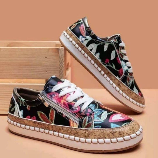 Damen florale Plateausneaker mit Korkplateau, seitlichem Reißverschluss und gepolstertem Komfortfußbett EB