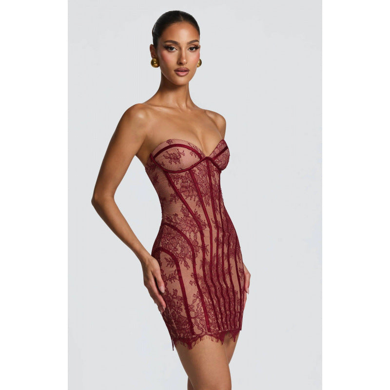 Damen Sexy Spitzenkleid mit gerafftem Schnitt und herzförmigem Ausschnitt EB