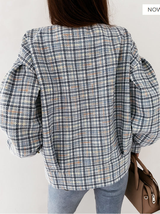 Damen Modischer Karostrickjacke mit einzigartigem Knopfverschluss EB