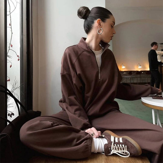 Damen Zweiteiliges Sweatset mit Stehkragen-Halbzip und Relaxed-Oversize-Schnitt EB