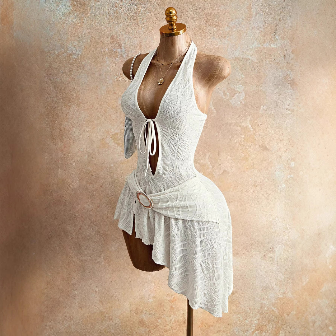Damen nan figurbetontes Neckholder-Minikleid mit Schnürung, Cut-Out und asymmetrischem Wickelrock EB
