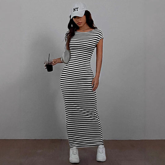 Damen Maxikleid mit offenem Rücken und Stripes EB