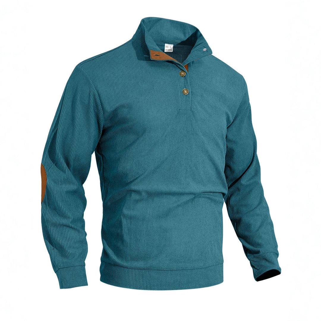 Herren nan fein gerippter Strickpullover mit Polokragen Knopfleiste und Ellenbogenbesatz EB