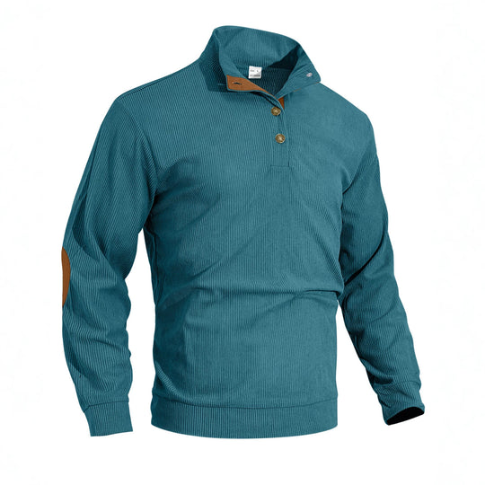 Herren nan fein gerippter Strickpullover mit Polokragen Knopfleiste und Ellenbogenbesatz EB
