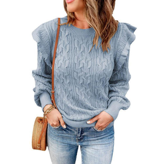 Damen Strickpullover mit Rüschenärmeln und Zopfmuster EB