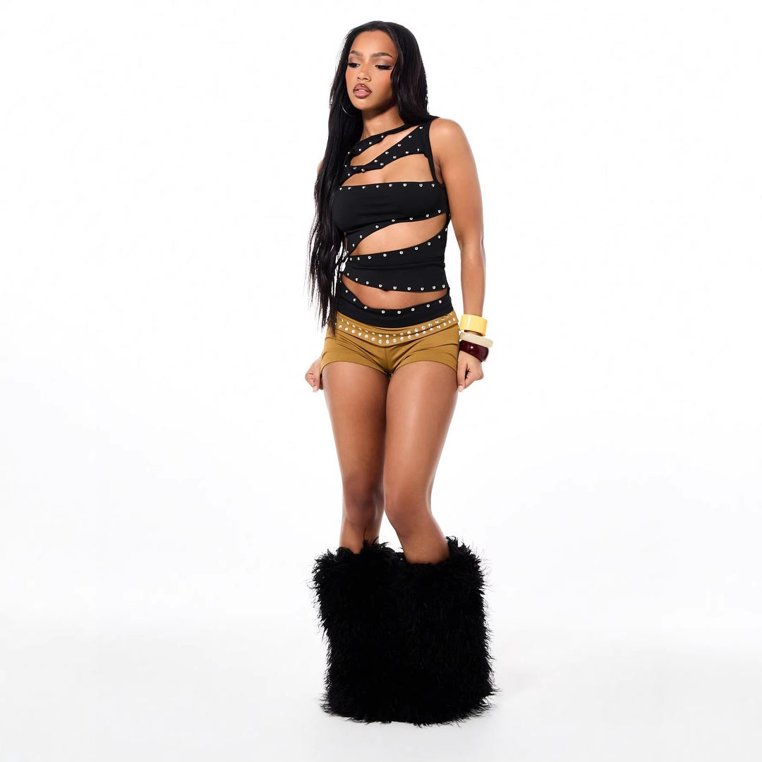 Damen Modisches Cut-Out Top mit Dekorativen Ösen EB