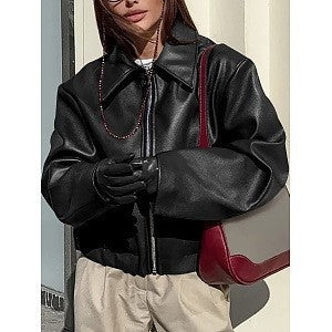 Damen Kunstlederjacke mit Oversized-Schnitt und klassischem Kragen EB