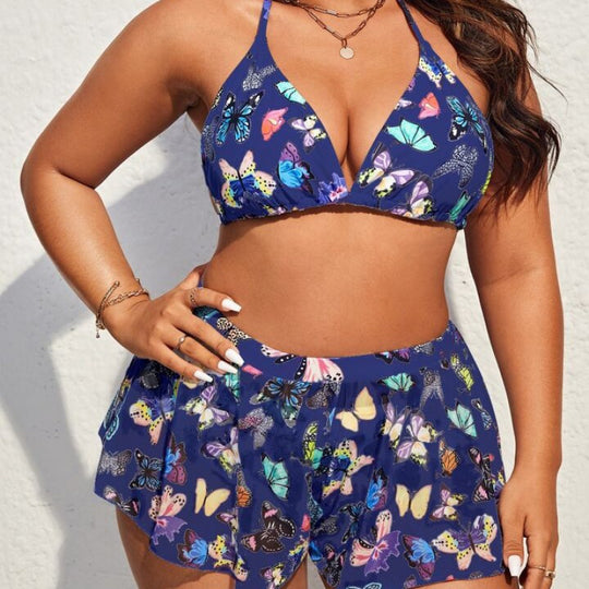 Damen Bikiniset mit modischen Shorts und buntem Schmetterlingsdesign EB