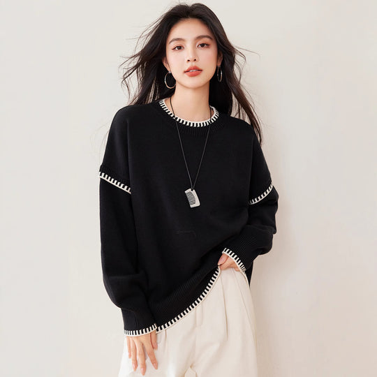 Damen Übergroßer Strickpullover mit Kontrastbündchen EB