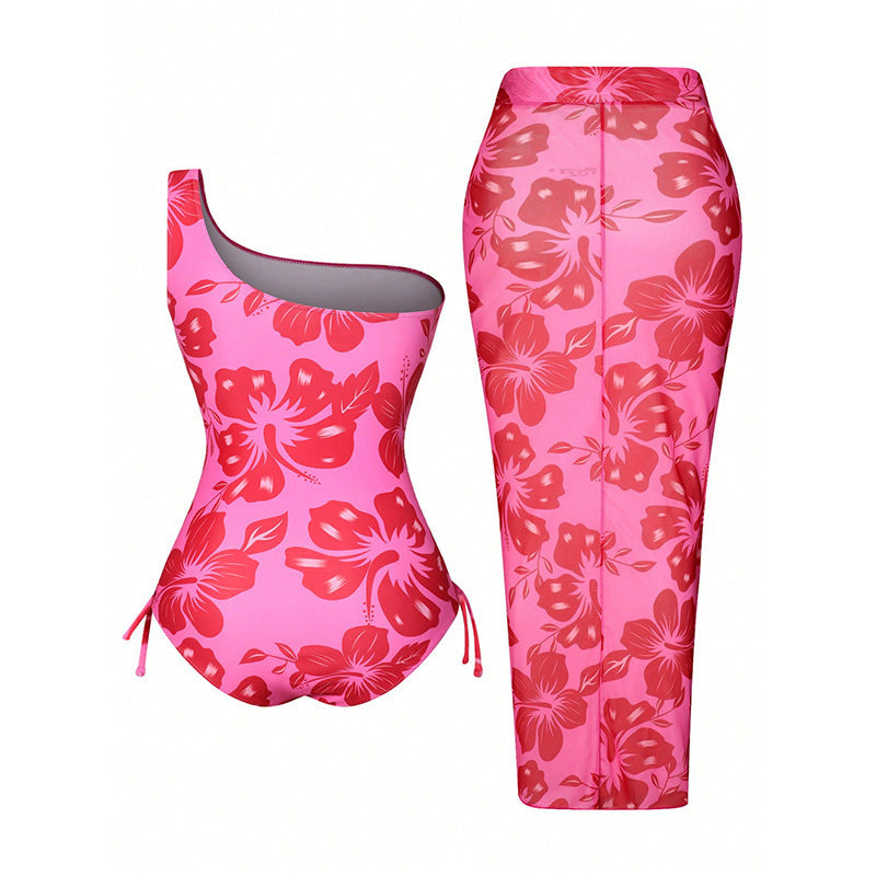 Damen Einteiler Badeanzug mit Wickelrock und floralem Design EB
