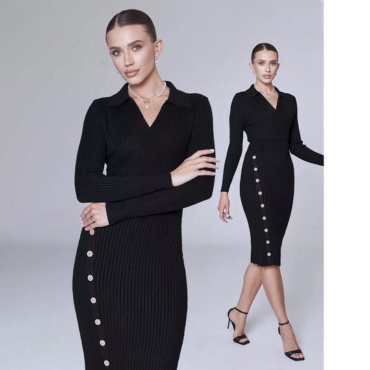 Damen Strickkleid mit elegantem Kragen und Knopfdetail EB