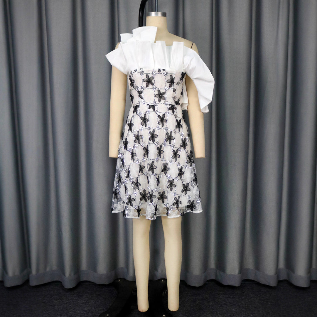 Damen festliches Cocktailkleid mit fließendem Schnitt und raffinierten Blumenapplikationen EB