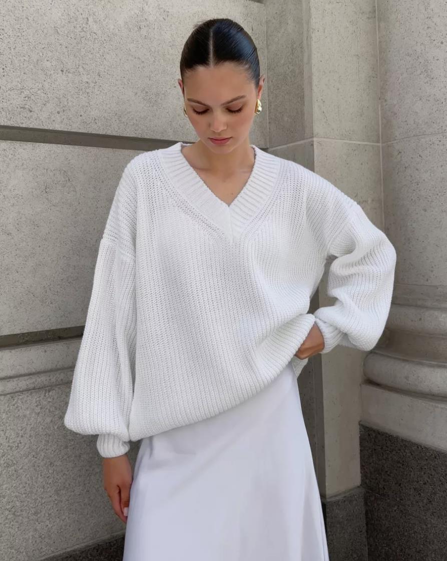 Damen lässiger Pullover mit V-Ausschnitt und voluminösen Ärmeln EB