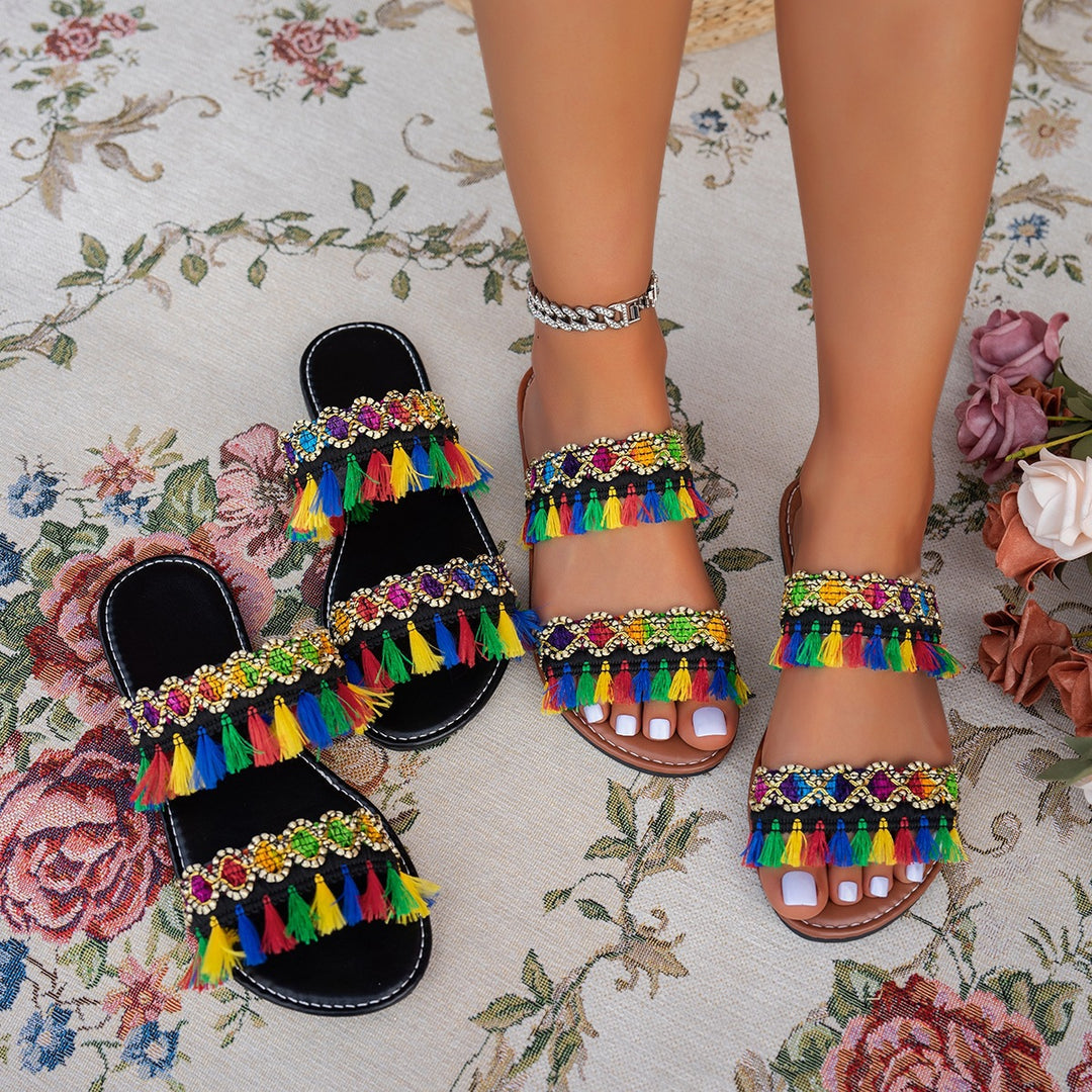 Damen Bunte Badeschuhe mit auffälligen Quasten und Schmuckverzierung EB