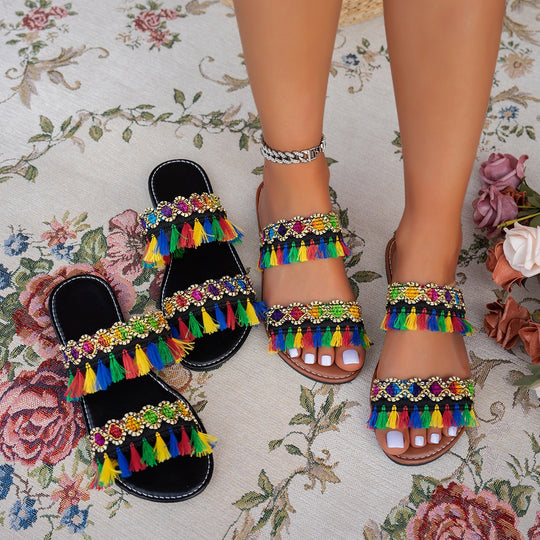 Damen Bunte Badeschuhe mit auffälligen Quasten und Schmuckverzierung EB