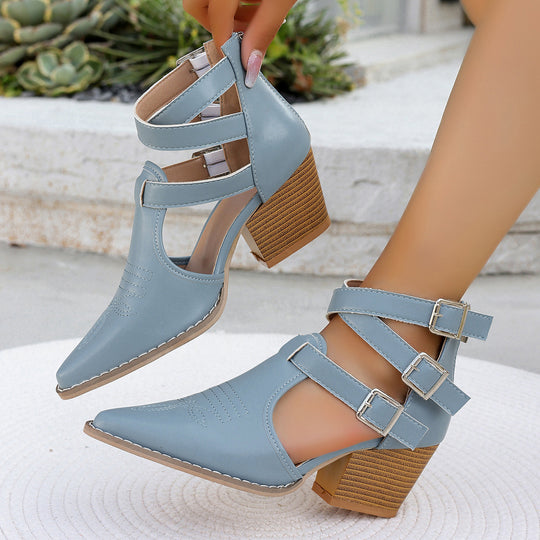 Damen High Heel Stiefeletten mit einzigartigen Riemen und verziertem Absatz EB