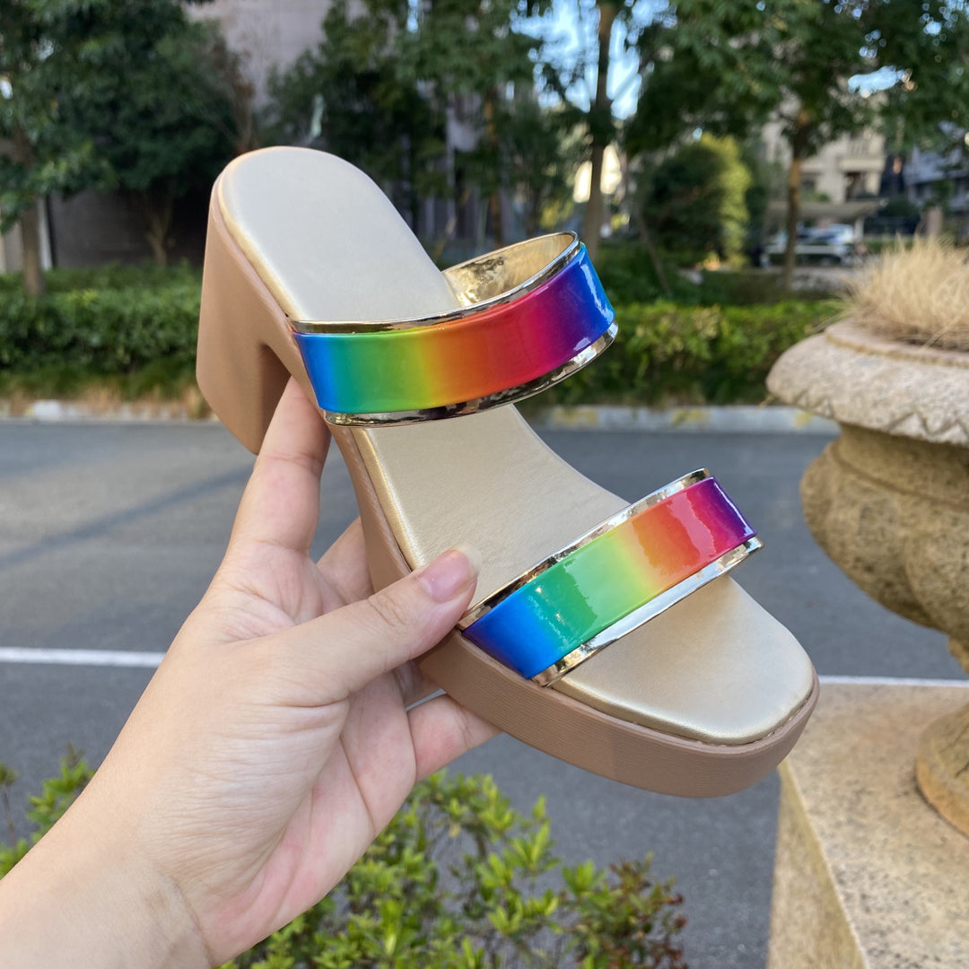 Damen Plateau-Sandalen mit regenbogenfarbenem Glanz und bequemem Absatz EB