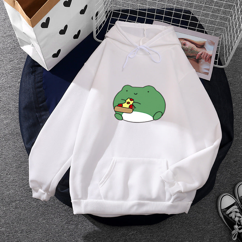 Damen nan gemütlicher Kapuzenpullover mit kawaii Frosch‑Pizza‑Motiv und oversized Relax‑Fit EB
