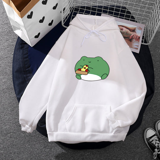 Damen nan gemütlicher Kapuzenpullover mit kawaii Frosch‑Pizza‑Motiv und oversized Relax‑Fit EB