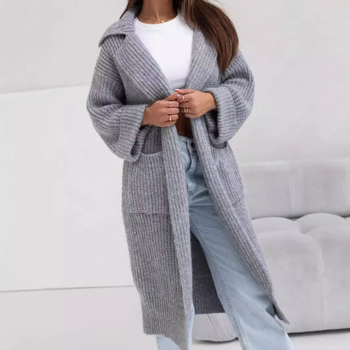 Damen Langstrickjacke mit großem Kragen und praktischen Taschen EB