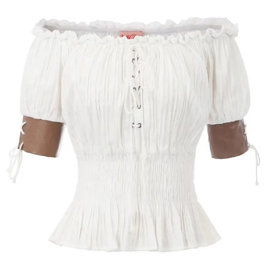 Damen Off-Shoulder Bluse mit Rüschendetails und Schnürung EB