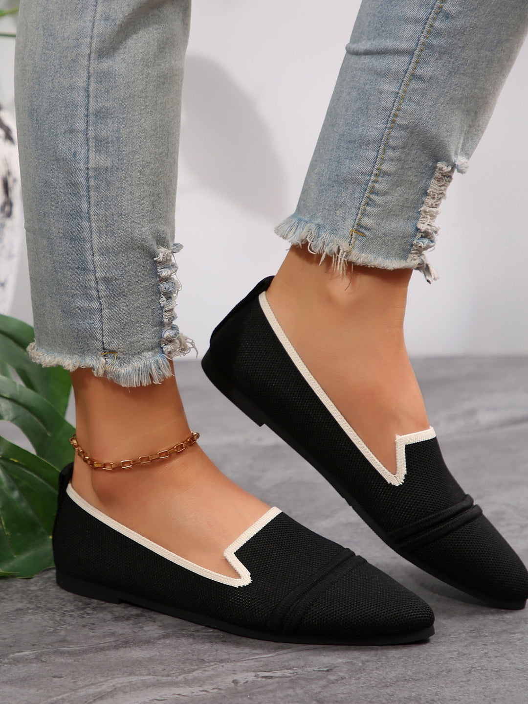 Damen  elegante flache Slipper-Loafer mit spitzer Zehenpartie Strickoptik und gepolsterter Innensohle EB