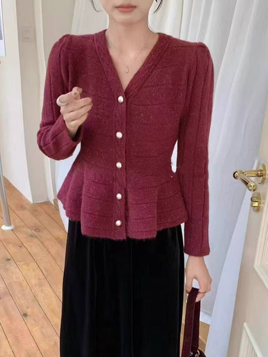 Damen elegante Strickjacke mit strukturiertem Design und femininen Puffärmeln EB