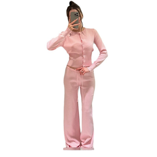 Damen Bequemes Strick-Loungewear-Set mit Knopfleiste EB