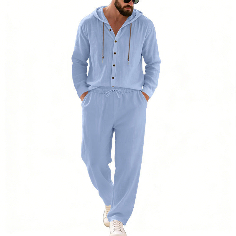 Herren nan legeres Kapuzen-Lounge-Set mit Knopfleiste, Kordelbundhose und seitlichen Eingrifftaschen EB