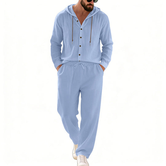 Herren nan legeres Kapuzen-Lounge-Set mit Knopfleiste, Kordelbundhose und seitlichen Eingrifftaschen EB