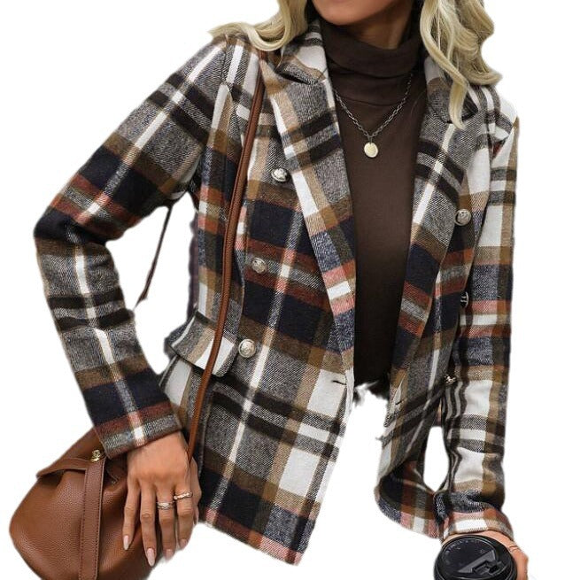 Damen kariertes Zweireiher-Blazerjacke mit eleganten Knopfdetails und maßgeschneidertem Schnitt EB
