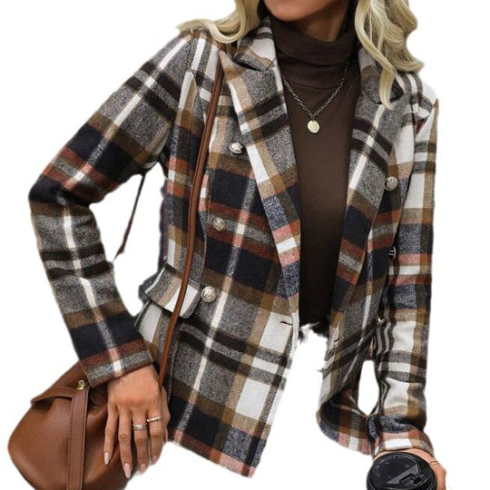 Damen kariertes Zweireiher-Blazerjacke mit eleganten Knopfdetails und maßgeschneidertem Schnitt EB