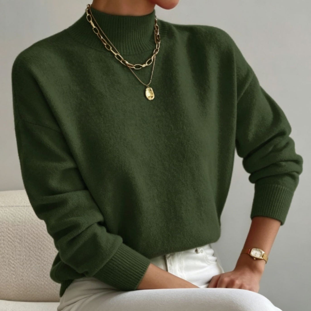 Damen kuscheliger Feinstrickpullover mit Stehkragen und überschnittener Schulter EB