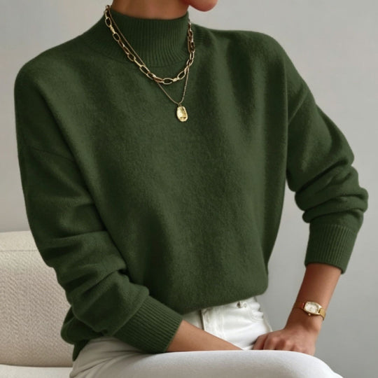 Damen kuscheliger Feinstrickpullover mit Stehkragen und überschnittener Schulter EB