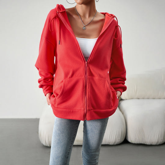Damen nan kuscheliger Teddy-Fleece Zip-Hoodie mit Kapuze, tiefer Schulterpassform und Kängurutaschen EB