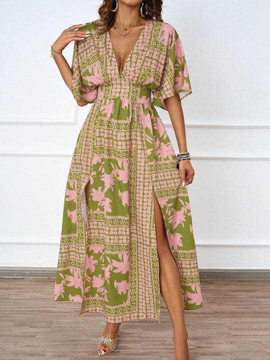 Damen Maxikleid im Boho-Stil mit tiefem V-Ausschnitt und seitlichem Schlitz EB