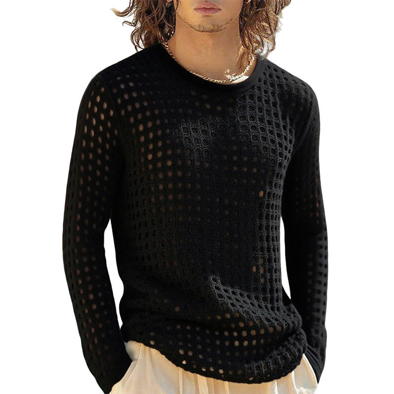 Herren nan luftiger durchbrochener Strickpullover mit quadratischem Netzmuster und Rundhalsausschnitt EB