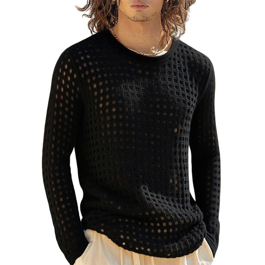 Herren nan luftiger durchbrochener Strickpullover mit quadratischem Netzmuster und Rundhalsausschnitt EB