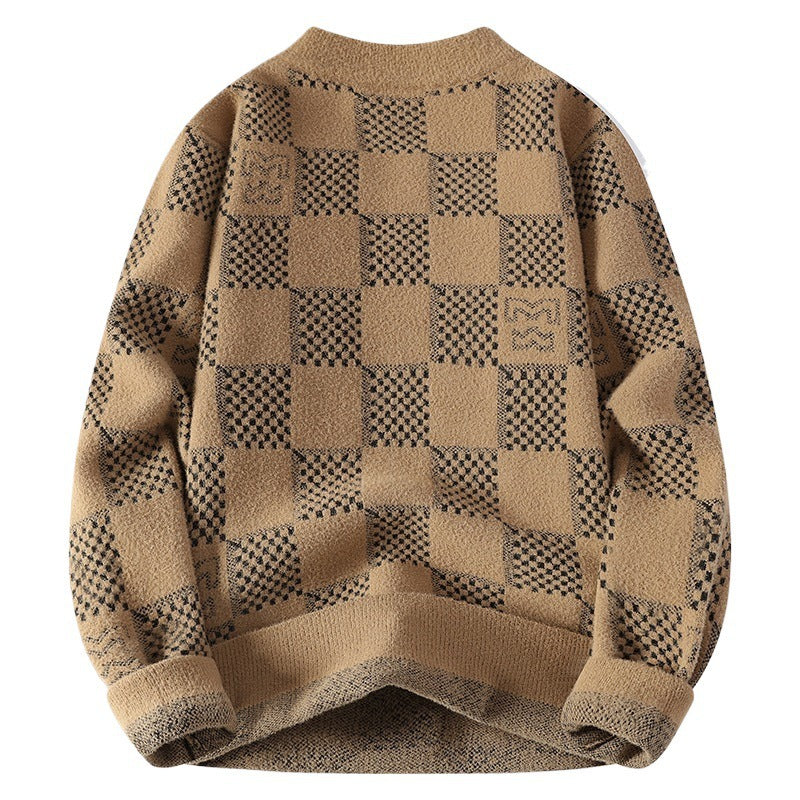 Herren nan karierter Oversize-Strickpullover mit Rundhalsausschnitt, weichem Feinstrick und strukturierter Jacquard-Musterung EB