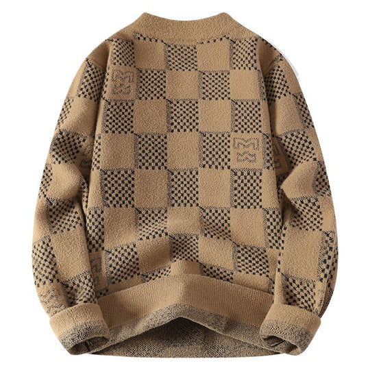 Herren nan karierter Oversize-Strickpullover mit Rundhalsausschnitt, weichem Feinstrick und strukturierter Jacquard-Musterung EB